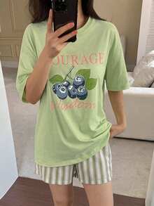 Livesso 2件組女款寬鬆短袖藍莓圖案T恤與條紋直筒長款睡褲，夏季睡衣套裝 - 綠色 - 查看 4