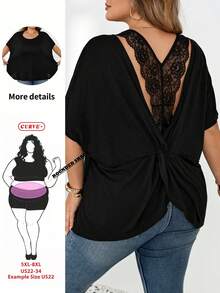 SHEIN CURVE+ Plus Size Women's Solid Color Twist Back Lace Trim Design Round Neck Short Sleeve Casual Elegant T-Shirt Going Out Black Summer - Black - View 1