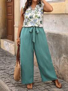 SHEIN VCAY Plus Size Solid Color Notch V-Neck Shirt And Floral Leg Pants 2 Pieces Set Beach Light Blue Teal Summer Boho - Multicolor - View 1