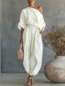 SHEIN Holidaya طقم ملابس نسائي صيفي كاجوال عصري باللون الأبيض - أبيض - مشاهدة 2