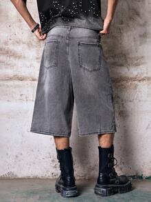 Skyrend Short en jean délavé ample à jambes larges style décontracté gothique punk streetwear pour garçon emo - Gris - Voir 2