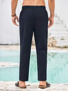 Mercer Haus Men's Summer Casual Sweatpants, Summer Linen Pants, Comfortable Linen Material, Casual Vacation Sports Pants, American Sporty Casual Trousers, Straight Loose Cut Comfortable Versatile, Suitable For Spring/Summer Commuting, Vacation, Daily Casual Wear - Black - View 2