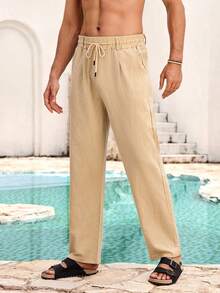 Mercer Haus Herren Leinen Lässig Hose mit Kordelzug Elastischer Taille, Bequeme lockere Passform Sommer Strand Urlaub Hose - Khaki - Übersicht 5