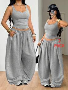 Coolane Women's Plus Size Summer Fall Streetwear Casual Going Out Gym Sport Basic Stretchy Comfortable Notched Tank Tops And Baggy Elastic Waistband - Light Grey - View 2