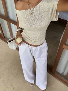 Sunnyshic 女款春夏寬鬆條紋長版休閒極簡居家褲，附口袋 - 杏色 - 查看 6