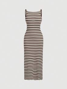 SHEIN MOD Vestido de fiesta casual a rayas con tirantes largos para mujer - Marrón Chocolate - Ver 4