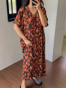 DAZY Leaf Print All-Over V-Neck Short Sleeve Loose Long Dress Summer Outfit Women's Nightgown Pajamas - Orange - View 5