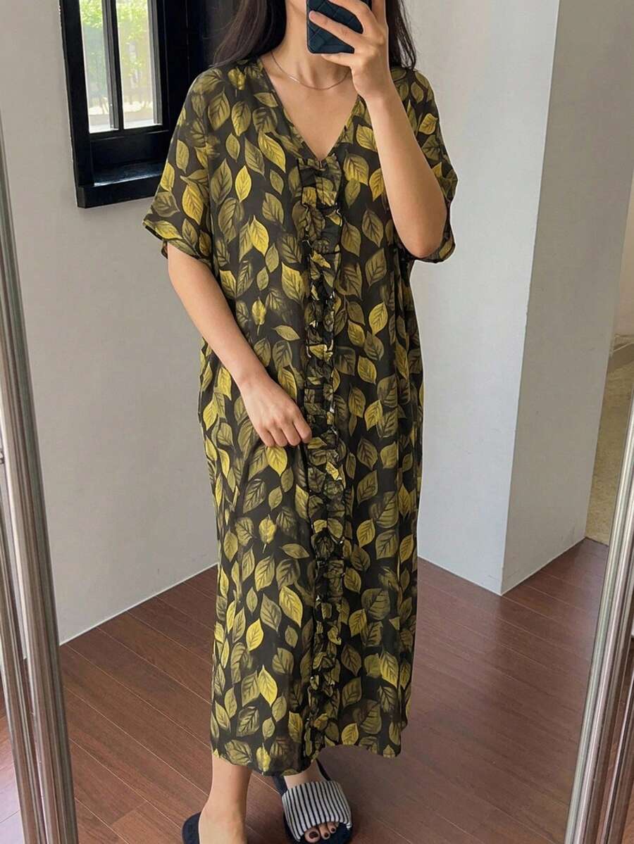 DAZY 葉片圖案滿版印花寬鬆長洋裝短袖女款睡袍夏季居家套裝睡衣 - 綠色 - 查看 1