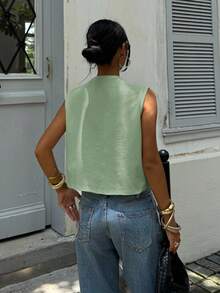 Siren Gaze Casual Versatile Solid Color Wide Shoulder Cropped Tank Top - Green - View 2