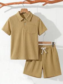 SHEIN 兒童青少年男孩休閒寬鬆純色上衣短褲兩件套，適合通勤上學、日常穿著、休閒外出與運動，舒適好穿 - 彩色 - 查看 4