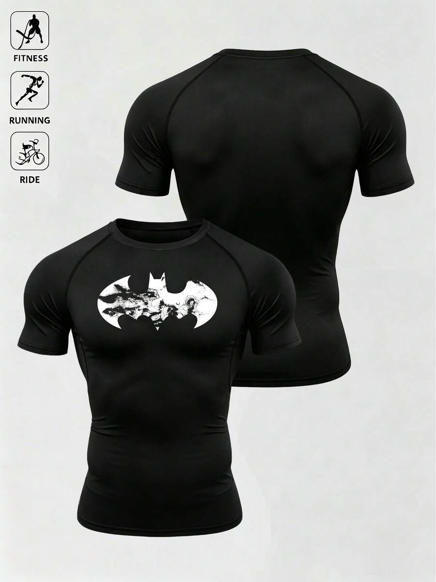 BATMAN X SHEIN 男士蝙蝠印花插肩袖短袖運動T恤 - 黑色 - 查看 1