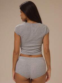 MUSERA Set Piyama 2 Potong dengan Detail Kancing Depan, Pakaian Santai, Lingerie, Pakaian Dalam Sehari-hari, Pakaian Dalam Seksi untuk Musim Panas - Grey - View 4