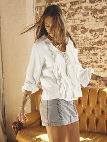 Aralina Ruffled V-Neck Long Sleeve Front Tie Blouse - White - View 6