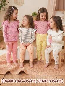Random 4 Packs Send 3PACK Cream, Cute Cherry, Lemon, Strawberry, Vintage Floral, Embossed, Baby Girl Cute Comfortable Knitted Elastic Solid Color Elastic Waist Long Pants - Multicolor - View 2