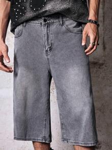 Skyrend Short en jean délavé ample à jambes larges style décontracté gothique punk streetwear pour garçon emo - Gris - Voir 7