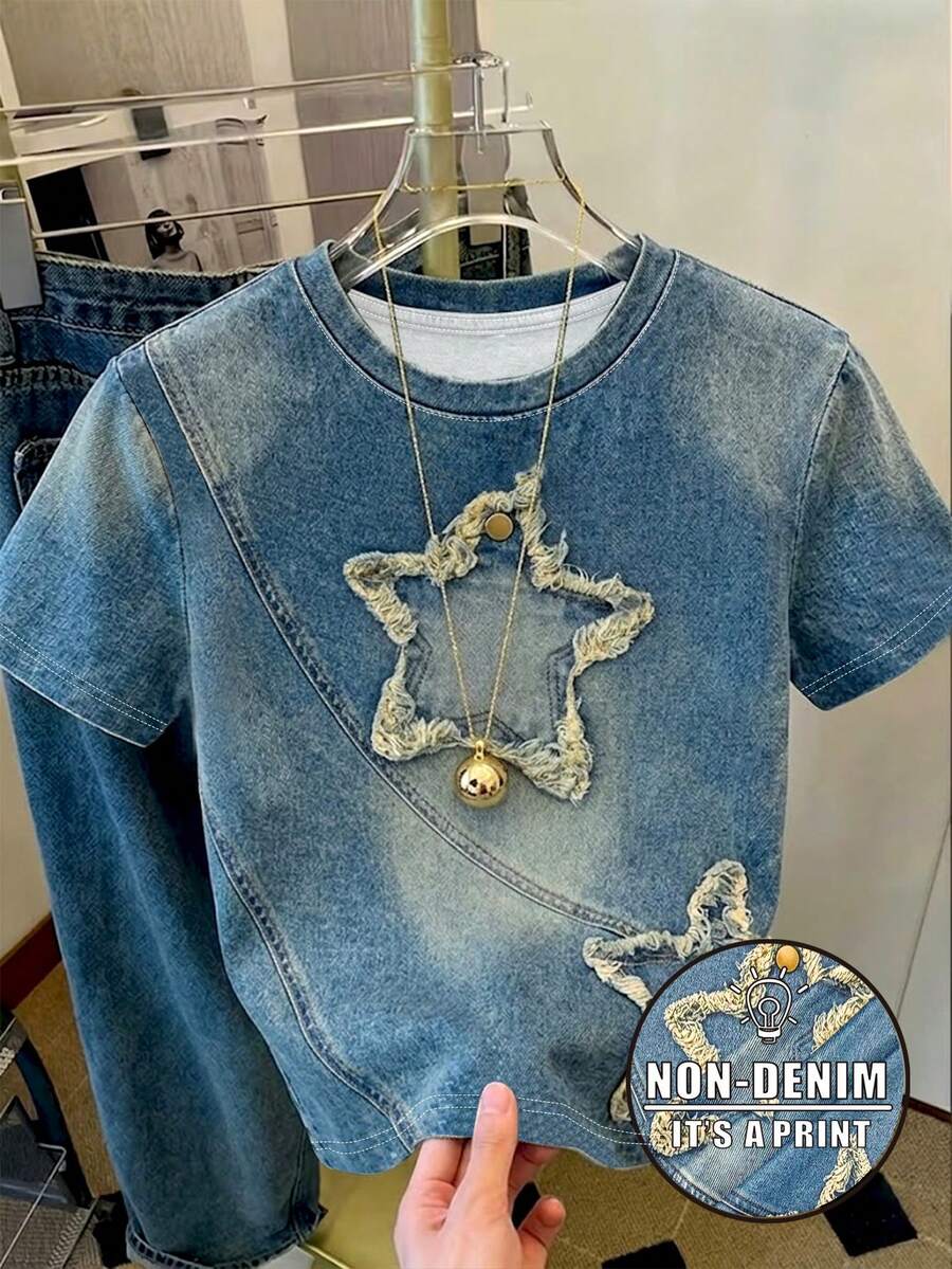 Resyla 女款標準版型T恤,星星與牛仔印花圖案,夏季出遊上衣,圖形設計,舒適面料,高級質感,休閒百搭,日常穿著,戶外,購物,旅行 - 彩色 - 查看 1