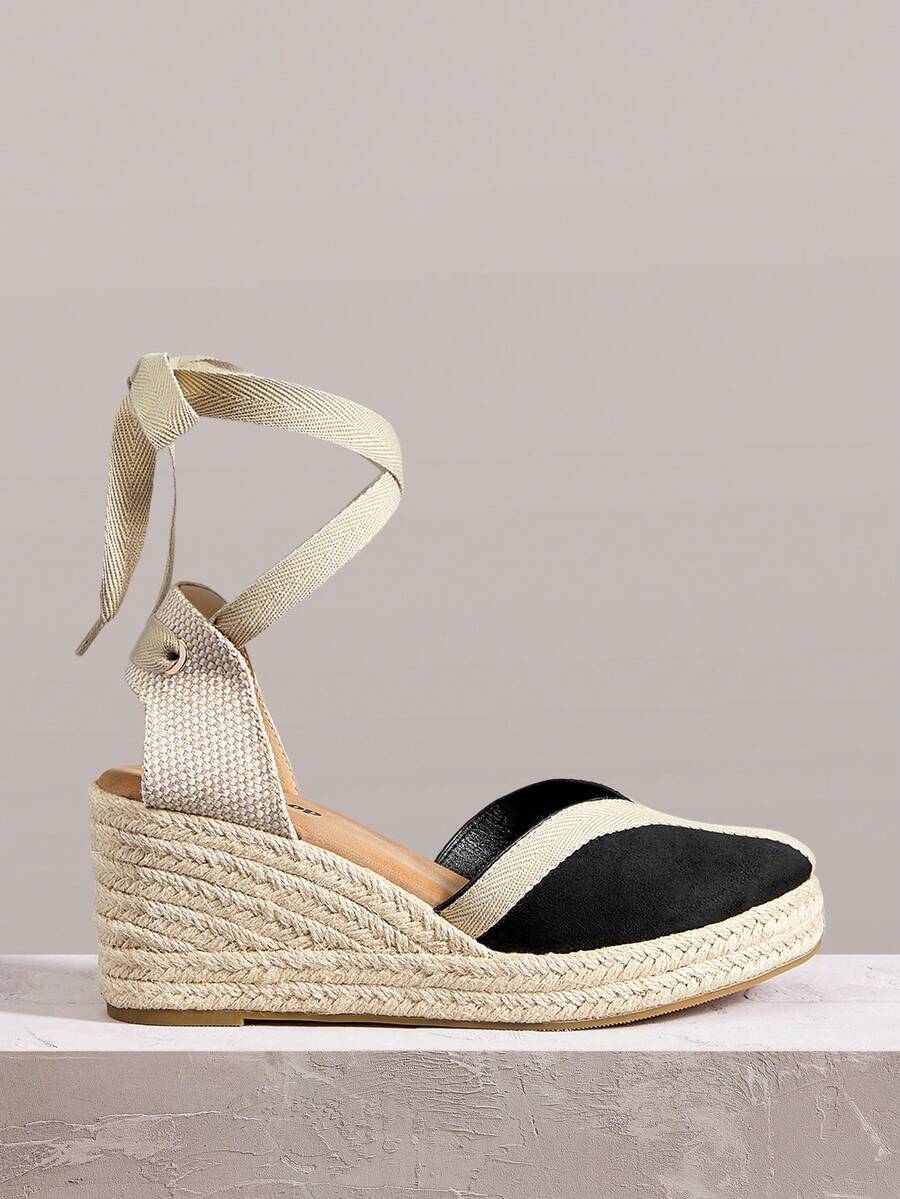 Styleloop Sandalias de cuña con correa y punta cerrada en contraste de color blanco y negro, estilo casual versátil y sencillo, un imprescindible para ir al trabajo - Negro - Ver 1
