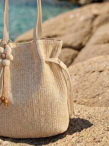 Swim Chiccia Nueva bolsa de playa de verano tejida, bolso de hombro casual para ir y venir, cierre de cordón, gran capacidad y versátil para mujeres - Beis - Ver 3