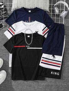 SHEIN 3套/買3送3 青少年男孩休閒拼接撞色圖案圓領寬鬆短袖T恤與短褲套裝，Y2K風格，兒童 - 彩色 - 查看 1