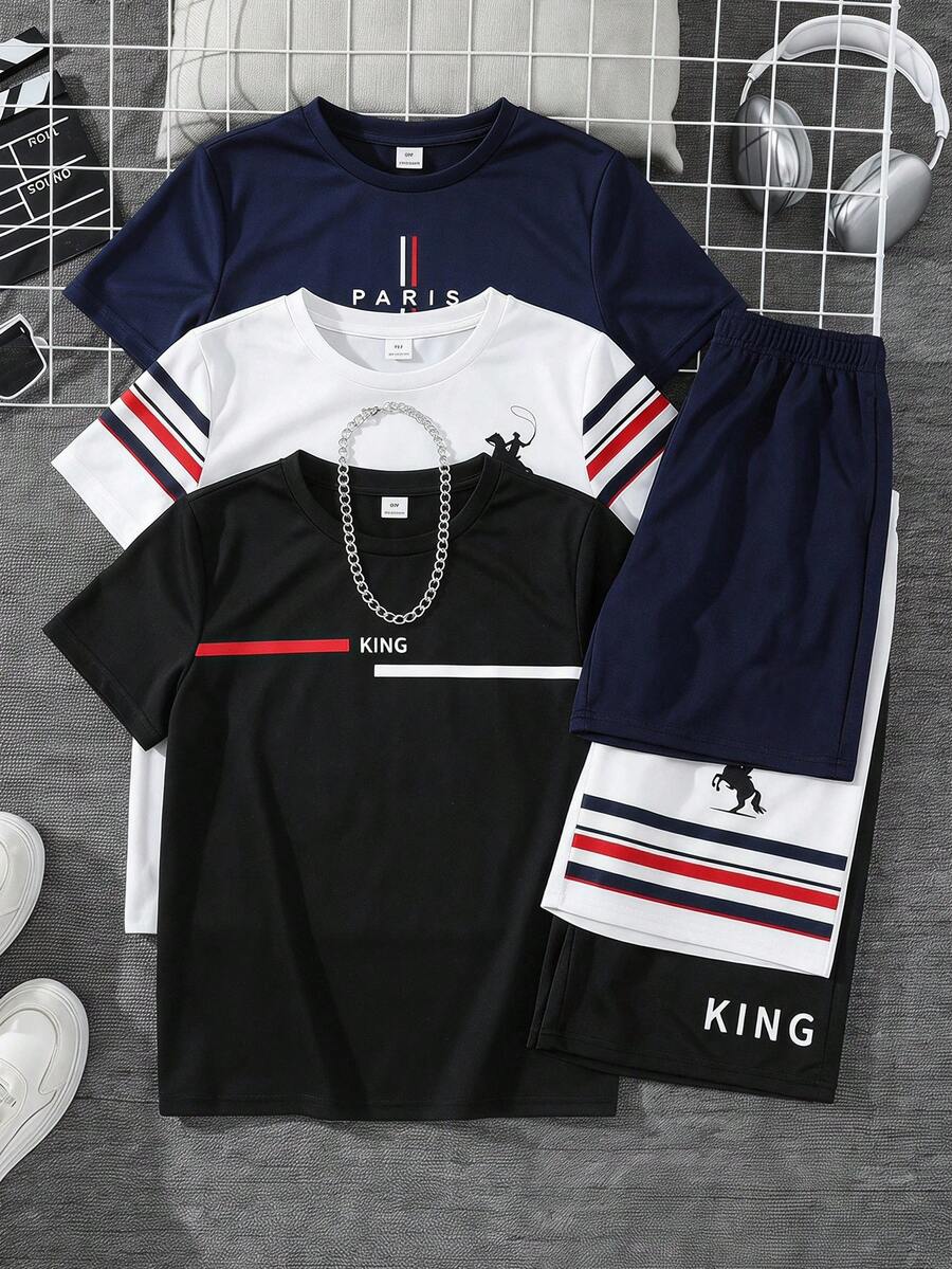 SHEIN 3套/買3送3 青少年男孩休閒拼接撞色圖案圓領寬鬆短袖T恤與短褲套裝,Y2K風格,兒童 - 彩色 - 查看 1