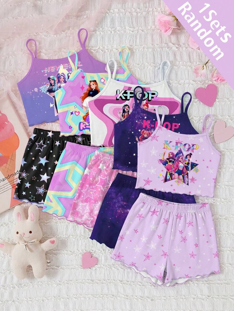 [5 Sets Random, 1 Set Sent] Tween Girls Pajamas, Summer New Fashion Cute Cartoon K-POP Girl Print Knit Ruffle Camisole Top & Allover Print Shorts 2 Piece Sleepwear Set, 1 Sets (Random Delivery) - Multicolor - View 1