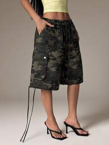 Sinnesro WOMEN Cargo Utility Long Shorts Military Combat Style Drawstring Elastic Waist Summer Spring Casual Pockets Bermuda Length Outdoor Hiking Walking ,Petite Women - Army Green - View 14