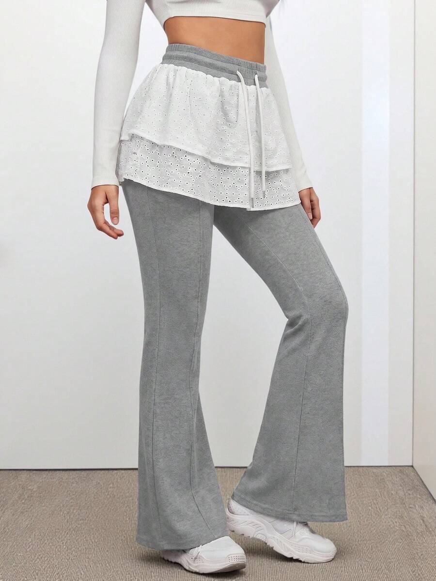 K-Vae Women's 2026 Spring New 2 In 1 Crochet Casual Pants With Drawstring, Hollow Out, Patchwork Flared Long Pants - Grey - View 1