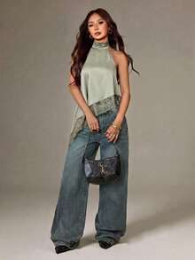 SHEIN PETITE 不對稱高領露背蕾絲飾邊細肩帶上衣，優雅無袖上衣，適合晚宴、雞尾酒會、正式場合、度假、夜生活、婚禮賓客，夏秋穿著，露肩風格 - 軍綠色 - 查看 4