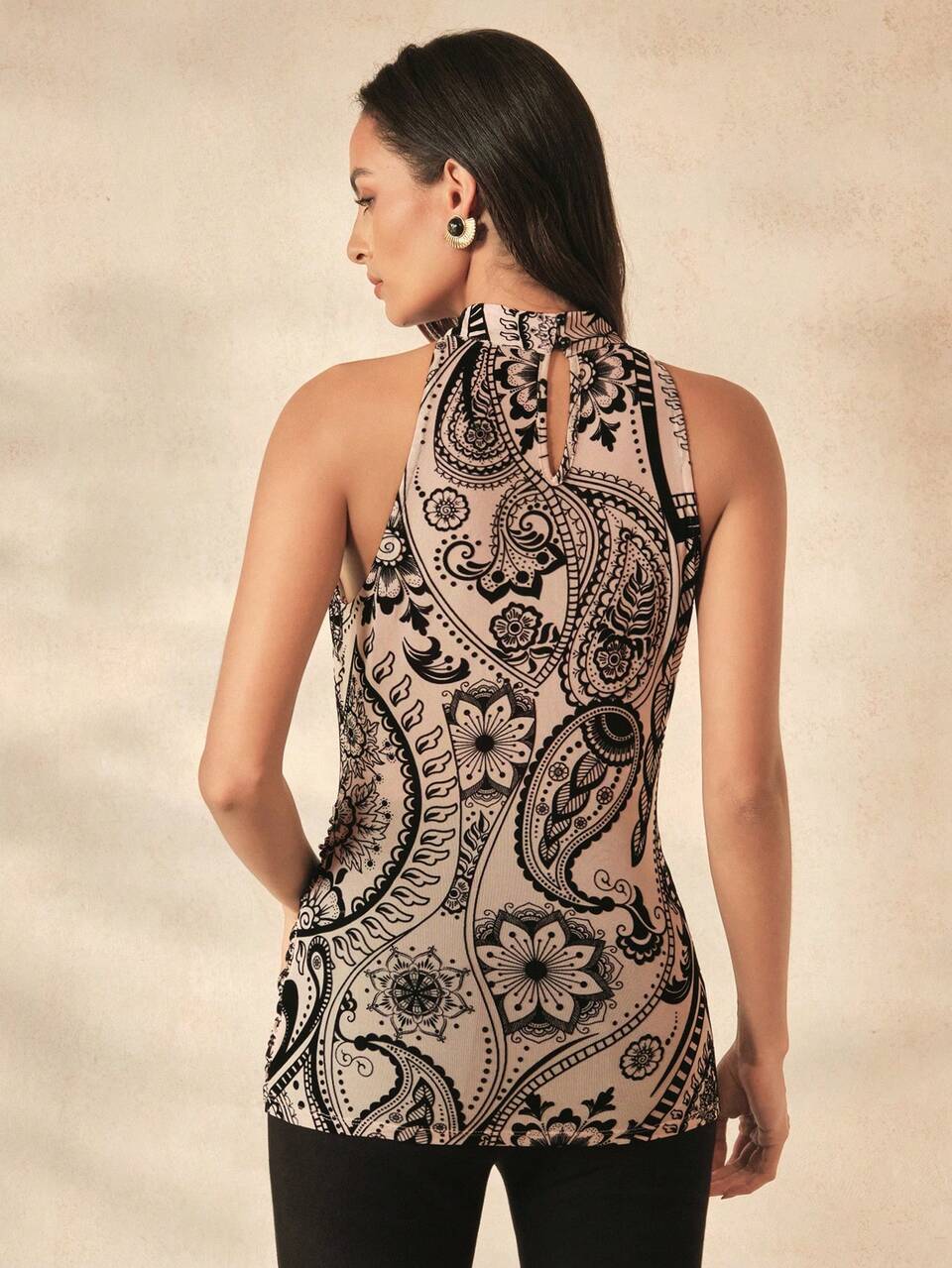 Summer Fashion Vintage Flocked Pattern Floral Print Small Stand Collar Sleeveless Elastic Slim Fit Ruched Hem Women's Top