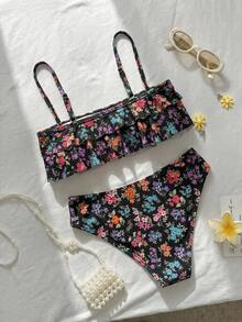 Swim Mod 花卉荷葉邊可愛甜美復古休閒度假海灘海邊女款泳衣套裝 - 彩色 - 查看 2