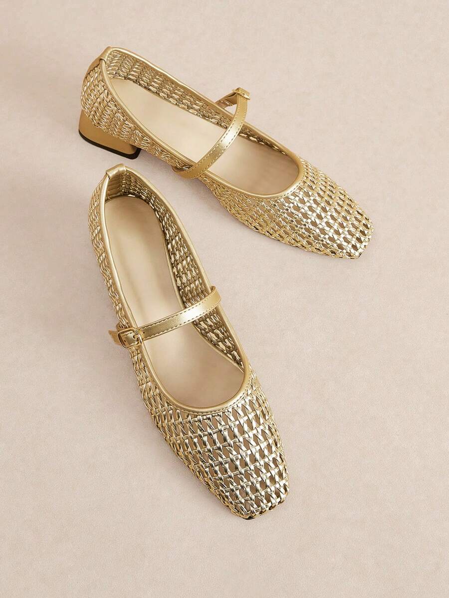 Rosivie Braided Hollow Mary Jane Block Heel Shoes - Gold - View 1