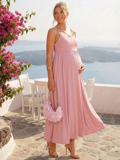 Loomaby Pregnant Women Summer Elegant Maternity Solid Color Versatile Spaghetti Strap Dress Gender Reveal Baby Shower Photoshoot Pink