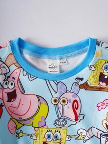 SpongeBob SquarePants | SHEIN 男嬰卡通印花上衣與短褲套裝 貼身居家休閒服 - 藍色 - 查看 3