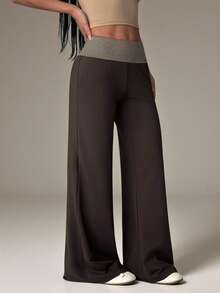 SHEIN PETITE Casual Loose Striped Patchwork Wide Leg Pants - Army Green - View 5