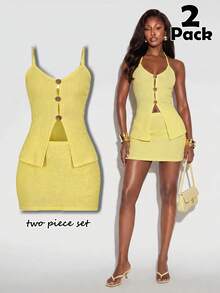 Normani Women's Summer Pale Yellow Camisole And Mini Skirt Two-Piece Set, Casual And Sexy Everyday Set, Holiday Vacation Set, Sexy Hollow-Out Top Vacation - Yellow - View 2