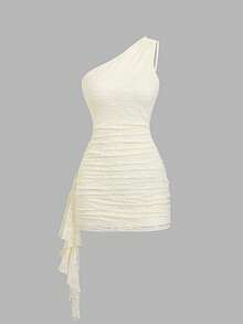 Sweetra Y2K Sexy Asymmetrical Lace Asymmetric Neck Dress With Hemline, Versatile Elegant Cocktail Party Cream White Summer - Apricot - View 1
