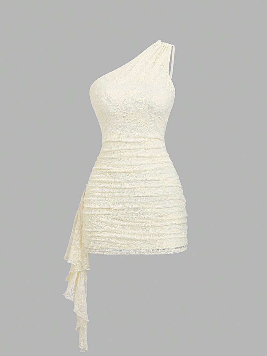 Sweetra Y2K Sexy Asymmetrical Lace Asymmetric Neck Dress With Hemline, Versatile Elegant Cocktail Party Cream White Summer - Apricot - View 1