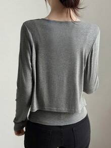 DAZY Women's Solid Color Tie Strap Long Sleeve Top 2pcs Set Lounge Sets For Women - Grey - View 7
