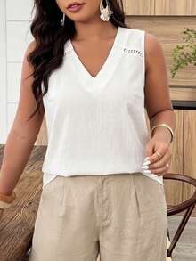 Weeklong White Sleeveless V-Neck Linen-Cotton Shirt, Hollow Lace Splicing, Pastoral Resort Style, Plus Size Summer Top - White - View 3