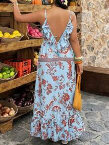 Weeklong Plus Size Women's Spring/Summer Ruffle Backless Print A-Line Casual Vacation Dress - Multicolor - View 6