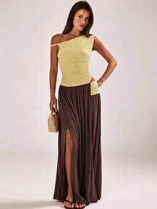 SHEIN BAE Vestido de moda con pliegues de color contrastante, bajo asimétrico y abertura lateral - Multicolor - Ver 7