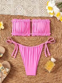 Swim SXY Women's Summer Beach Solid Color Bandeau Bikini Top And Triangle Bottom Two-Piece Swimsuit Set - Pink - View 4