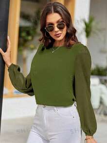SHEIN LUNE Women's Solid Color Round Neck Lantern Sleeve Fashionable Elegant Blouse - Olive Green - View 3