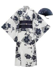 Irokai Kimono Yukata Dua Potong Tradisional Jepang untuk Wanita di Musim Panas dengan Motif Bunga (Sabuk Tidak Termasuk) - Putih - View 4