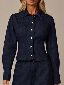 COSMINA Denim 女款長袖單排扣襯衫與長褲休閒牛仔套裝 - 藍色 - 查看 5