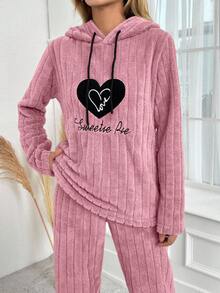 SHEIN Cottnline Women's Letter & Heart Embroidery Long Sleeve Drawstring Hooded Fleece Sleepwear Top - Pink - View 6