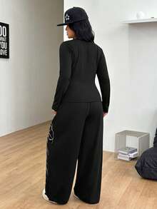 Coolane 女款大尺碼秋冬休閒街頭風日常健身字母印花T恤與寬腿運動褲套裝，黑色2件組，萬聖節棉質 - 黑色 - 查看 8