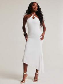 NYA SZN Women's Summer Solid Color Asymmetric Hem Fashion Halter Neck Dress - White - View 5