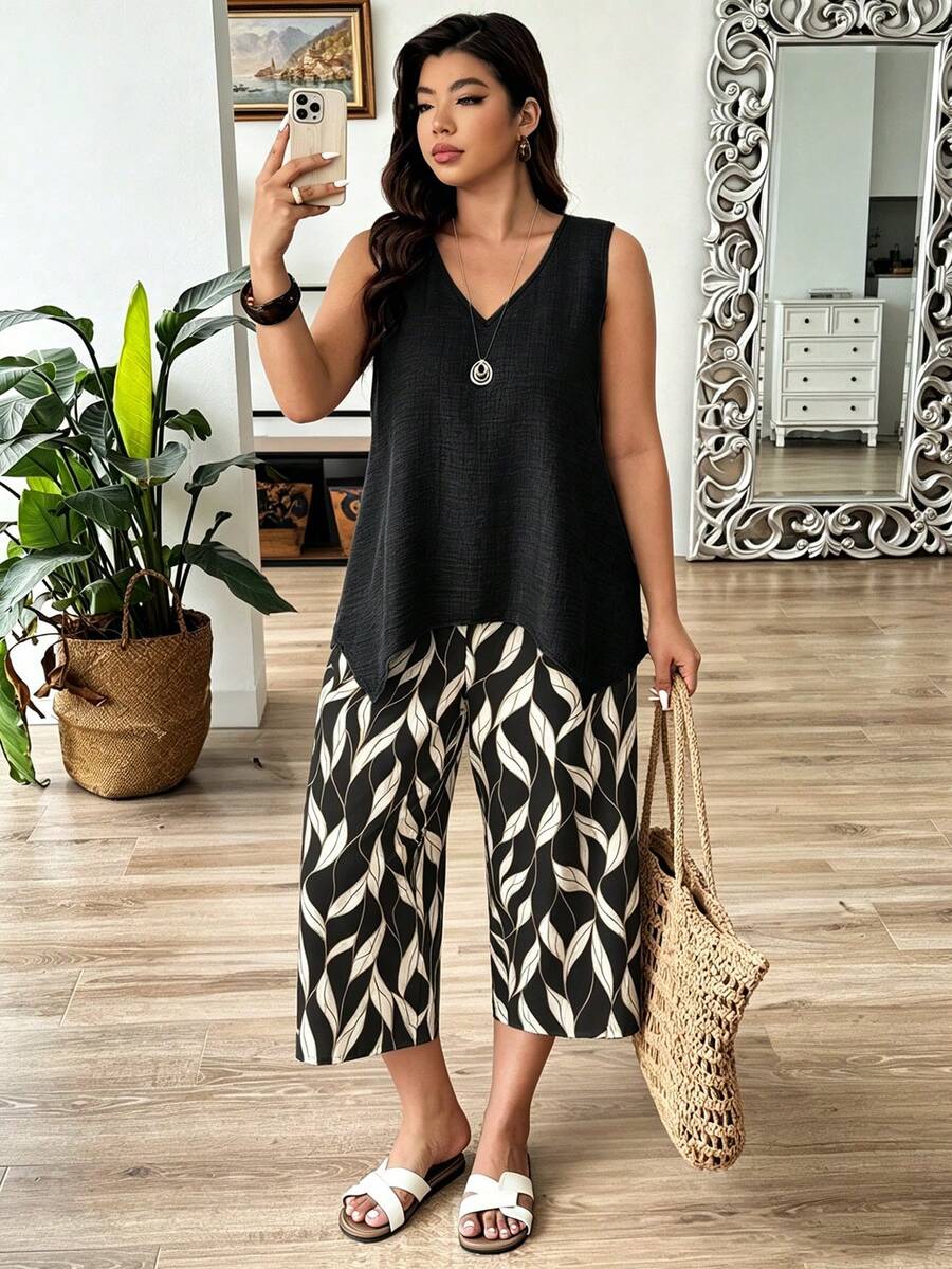 Weeklong Plus Size Vacation Casual Solid Color Tank Top & Floral Print Pants 2-Piece Set - Black - View 1