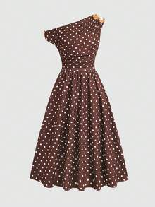 Tween Girl Elegant Commuter Fitted Sleeveless Asymmetric Neck Metal Buckle Flower Decor Pleated Midi Dress Brown And White Polka Dot Tea Party - Brown - View 3